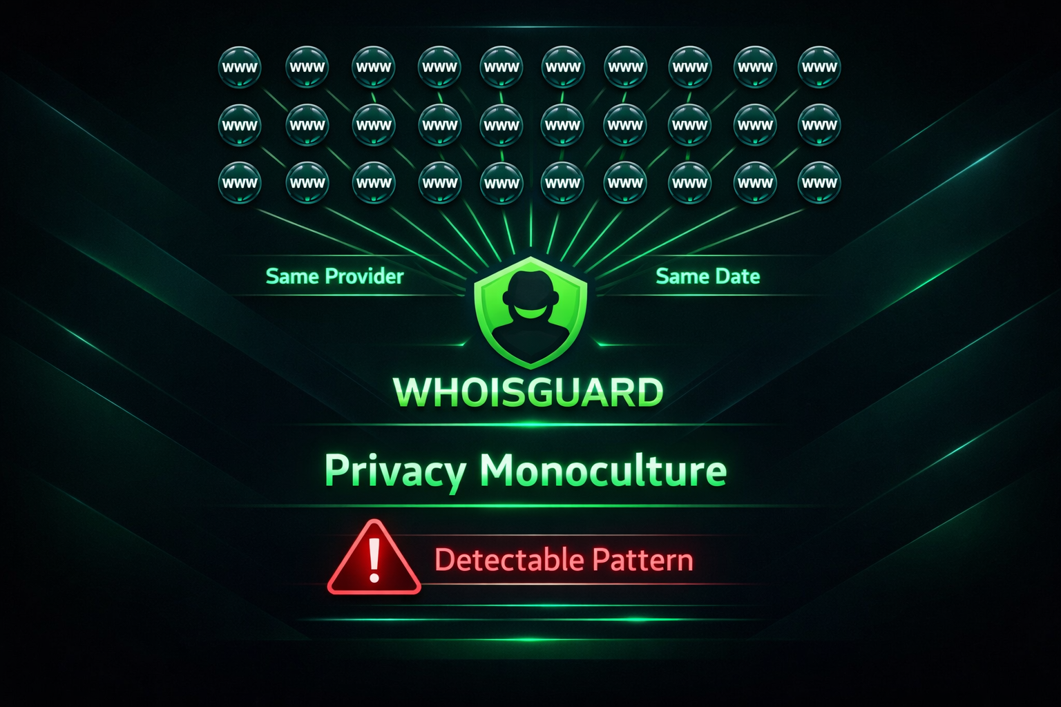 Diagram illustrating privacy monoculture risk when all PBN domains use the same privacy provider