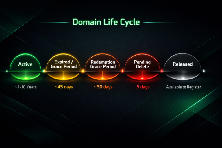 Domain life cycle timeline showing stages from active registration to pending delete and release