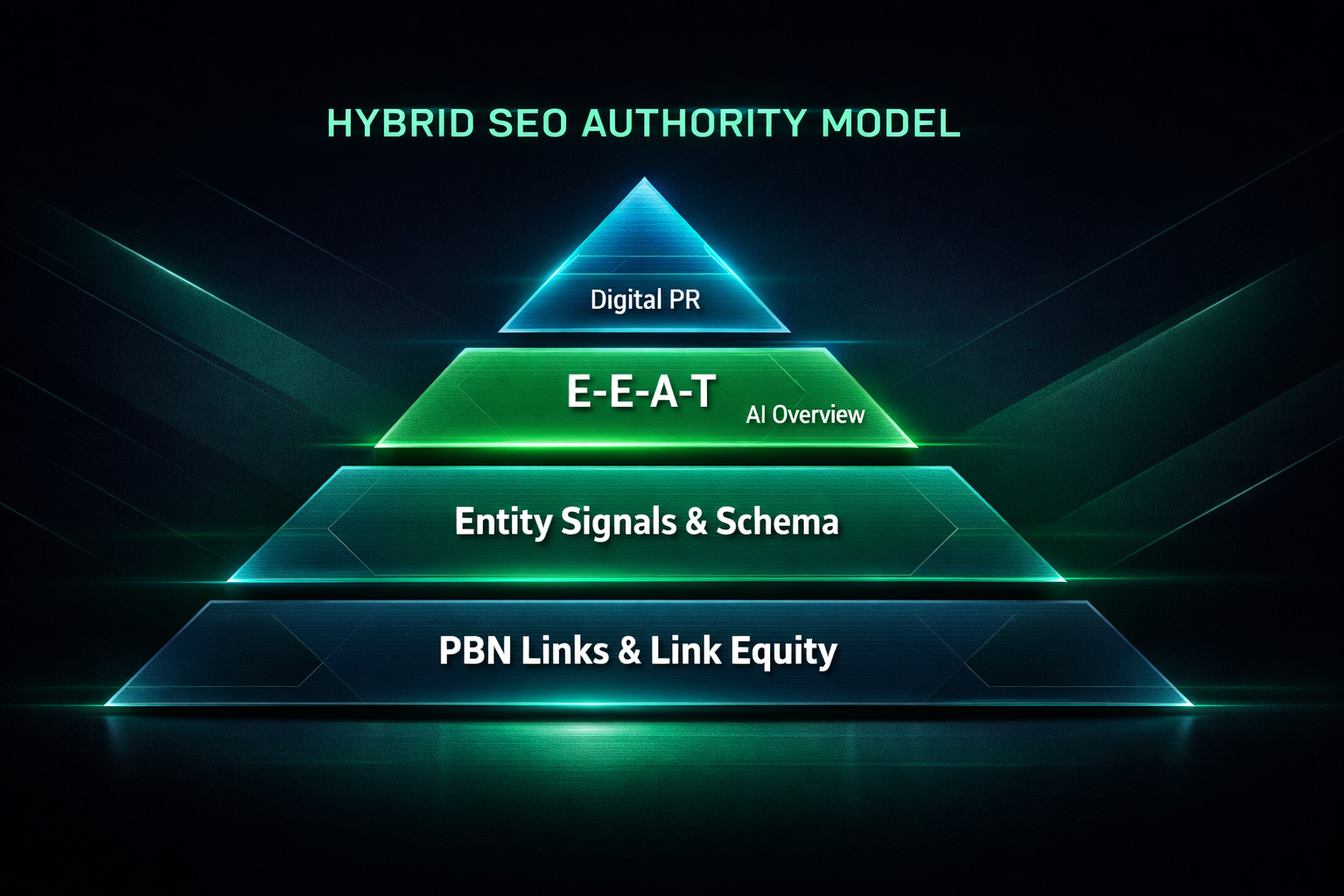 Pyramid diagram of hybrid link strategy showing PBN links, entity signals, and digital PR layers