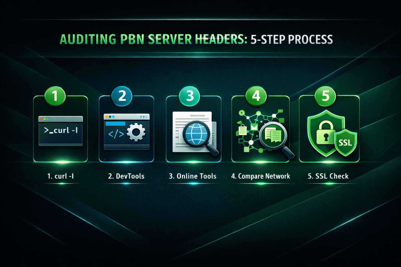 Five-step workflow diagram for auditing PBN HTTP response headers using curl DevTools and online