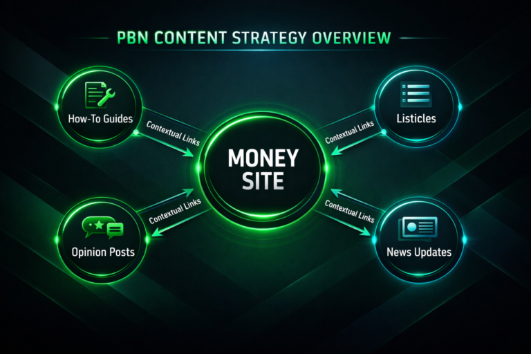PBN content strategy infographic showing content types and link flow to money site
