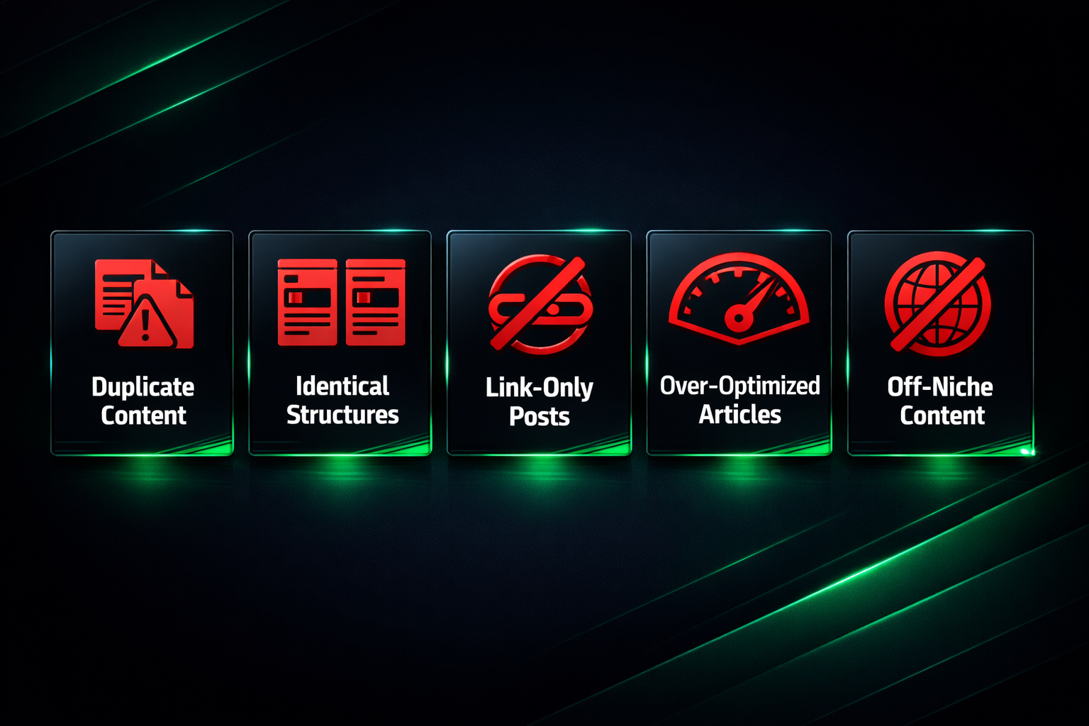 Five red warning cards listing content mistakes that increase PBN deindexation risk