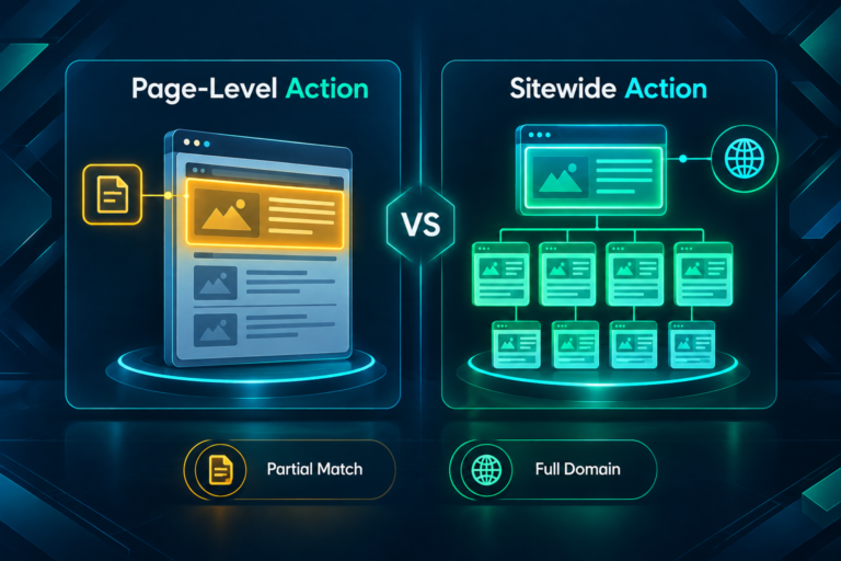 Diagram comparing page-level and sitewide manual action scope for link-related enforcement