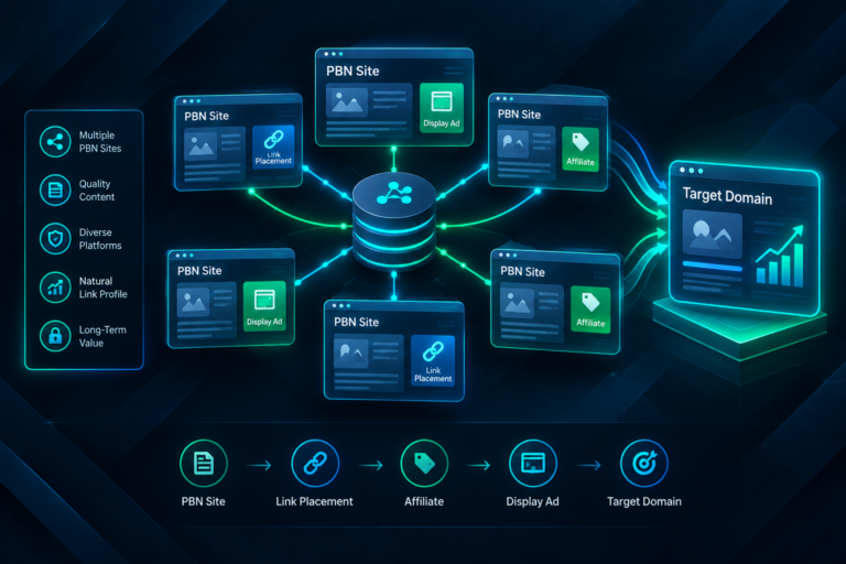 Diagram showing PBN sites with monetization options including ads, affiliate links, and link