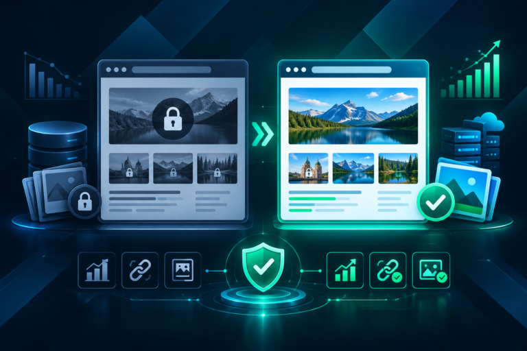 Image licensing concept for restored PBN websites showing archived versus properly licensed visuals