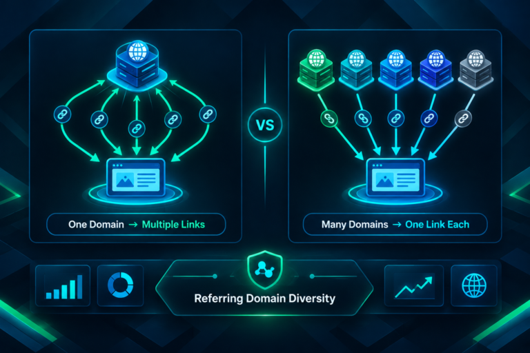 Diagram comparing multiple links from one domain versus links from multiple unique referring domains