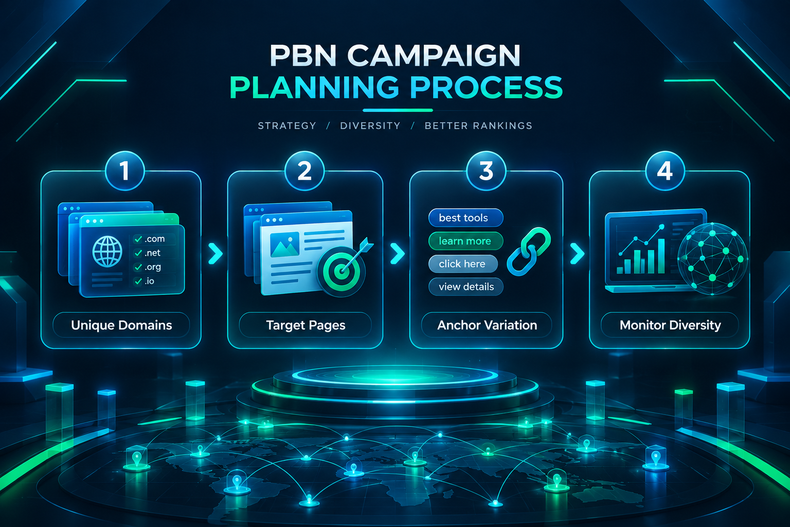 Process diagram for planning PBN placements with domain diversity and anchor text variation