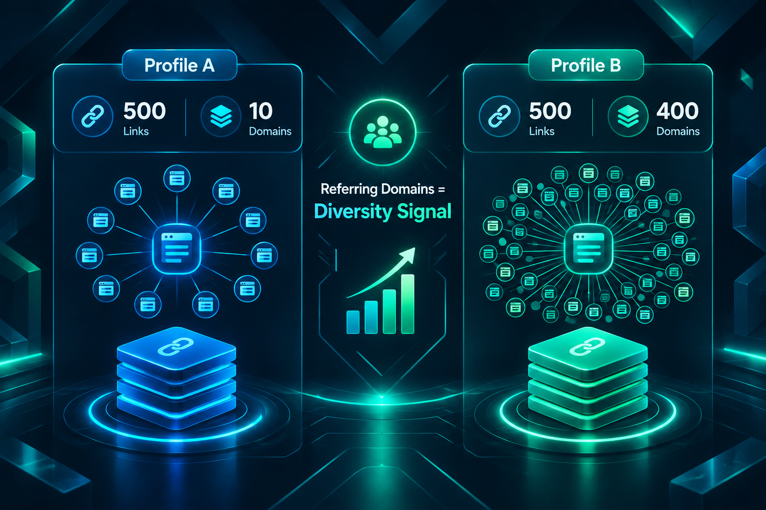 Infographic comparing backlink profiles by referring domain count versus total backlink volume
