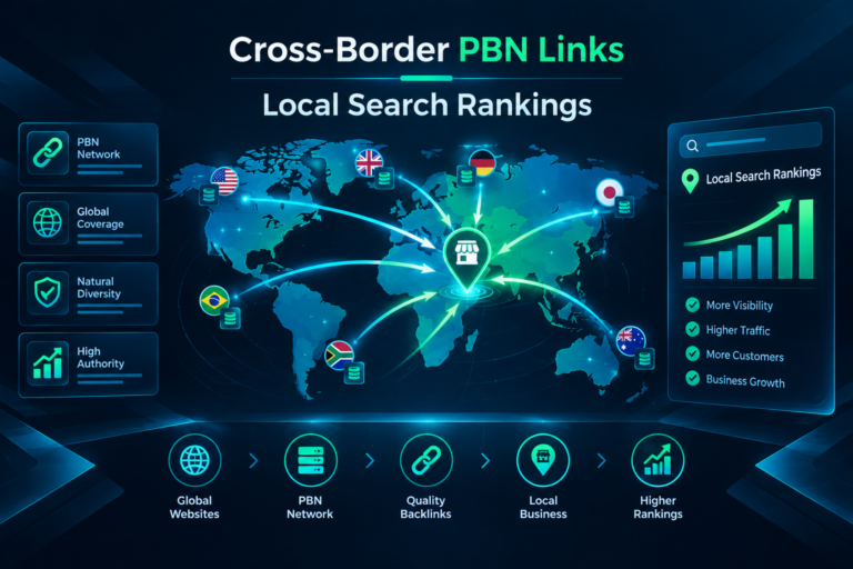 Cross-border PBN backlinks pointing to a local business target page on a world map