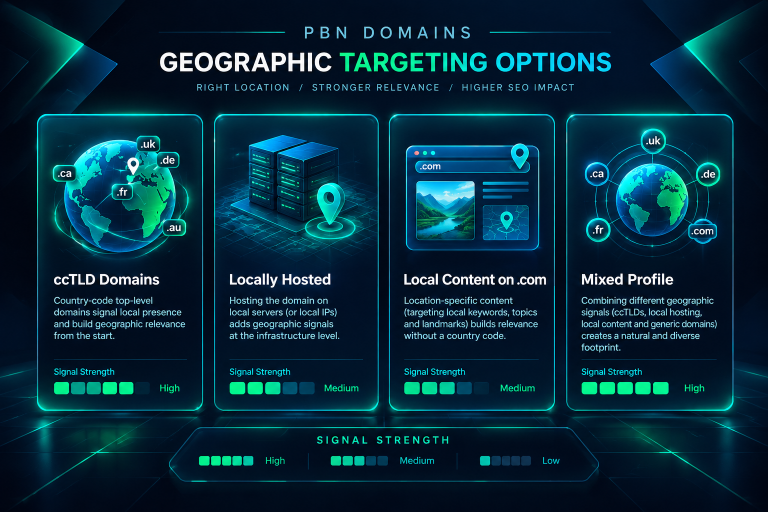 Infographic comparing geographic targeting options for PBN domains in local SEO campaigns