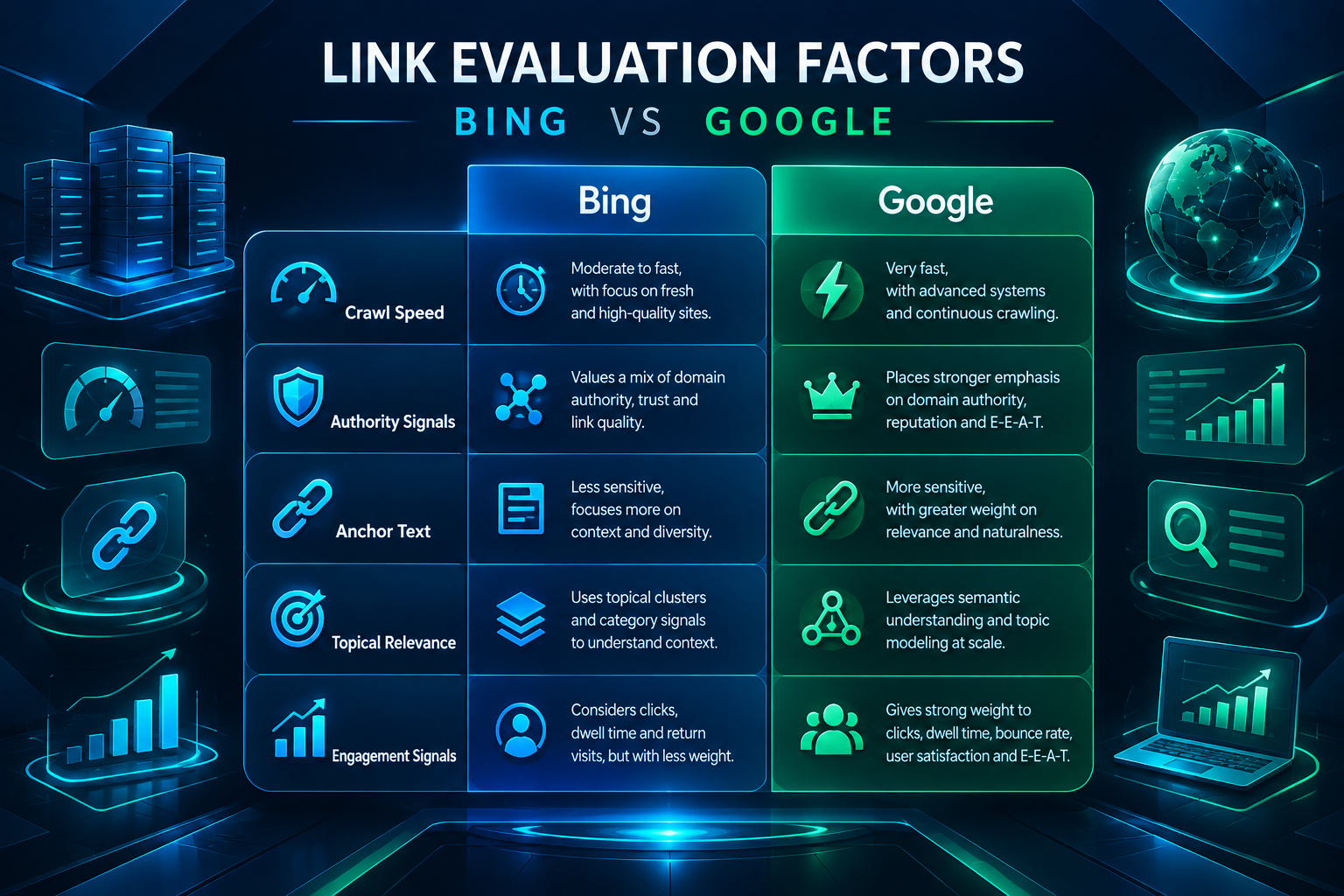 Comparison of Bing and Google link evaluation factors for PBN backlinks