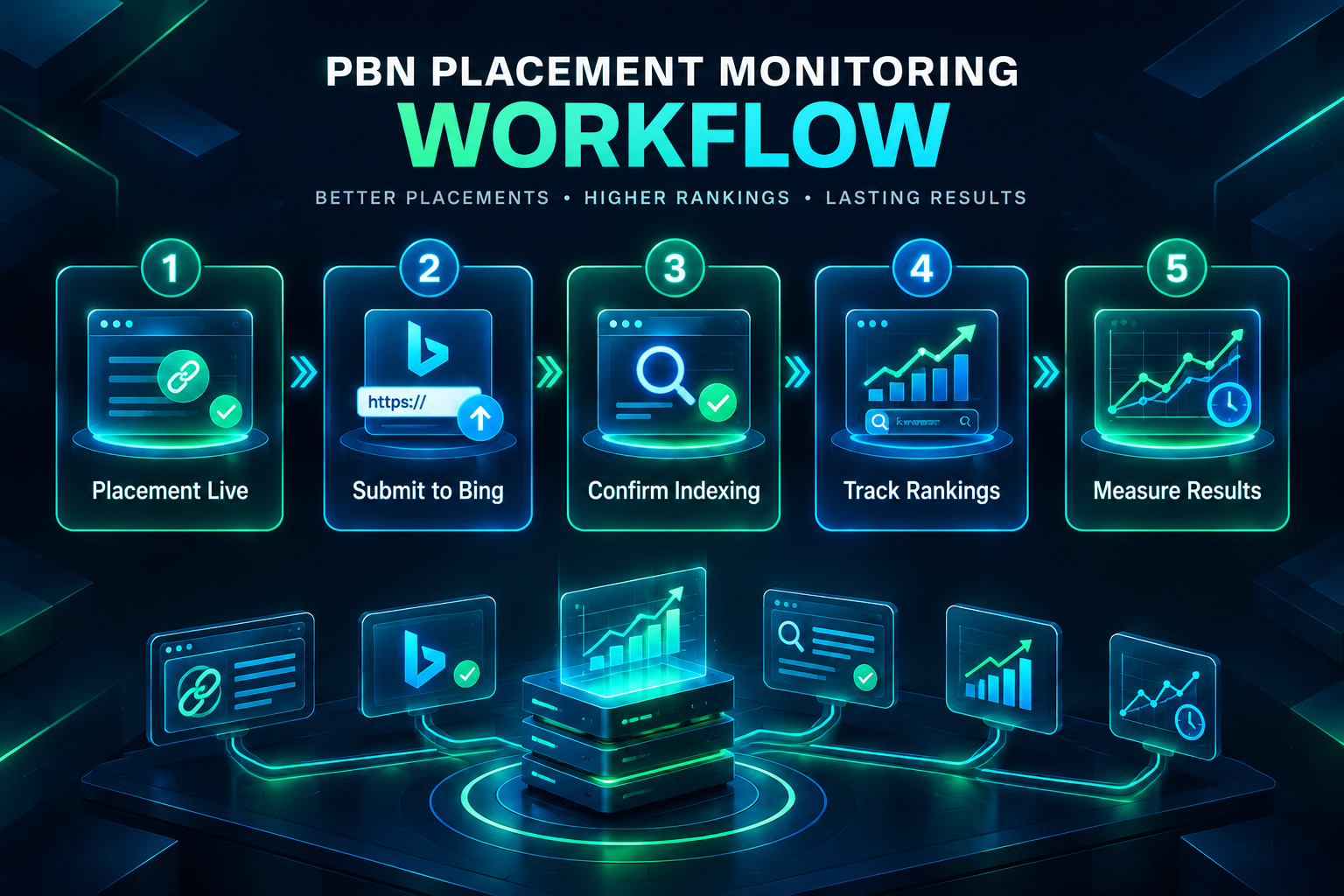 Process diagram for monitoring PBN placement indexing and ranking impact on Bing