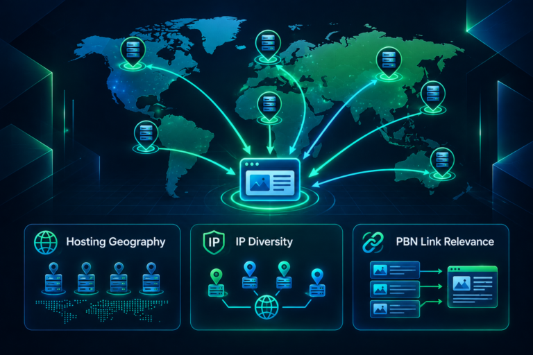Diagram showing how hosting geography and IP diversity relate to PBN link relevance
