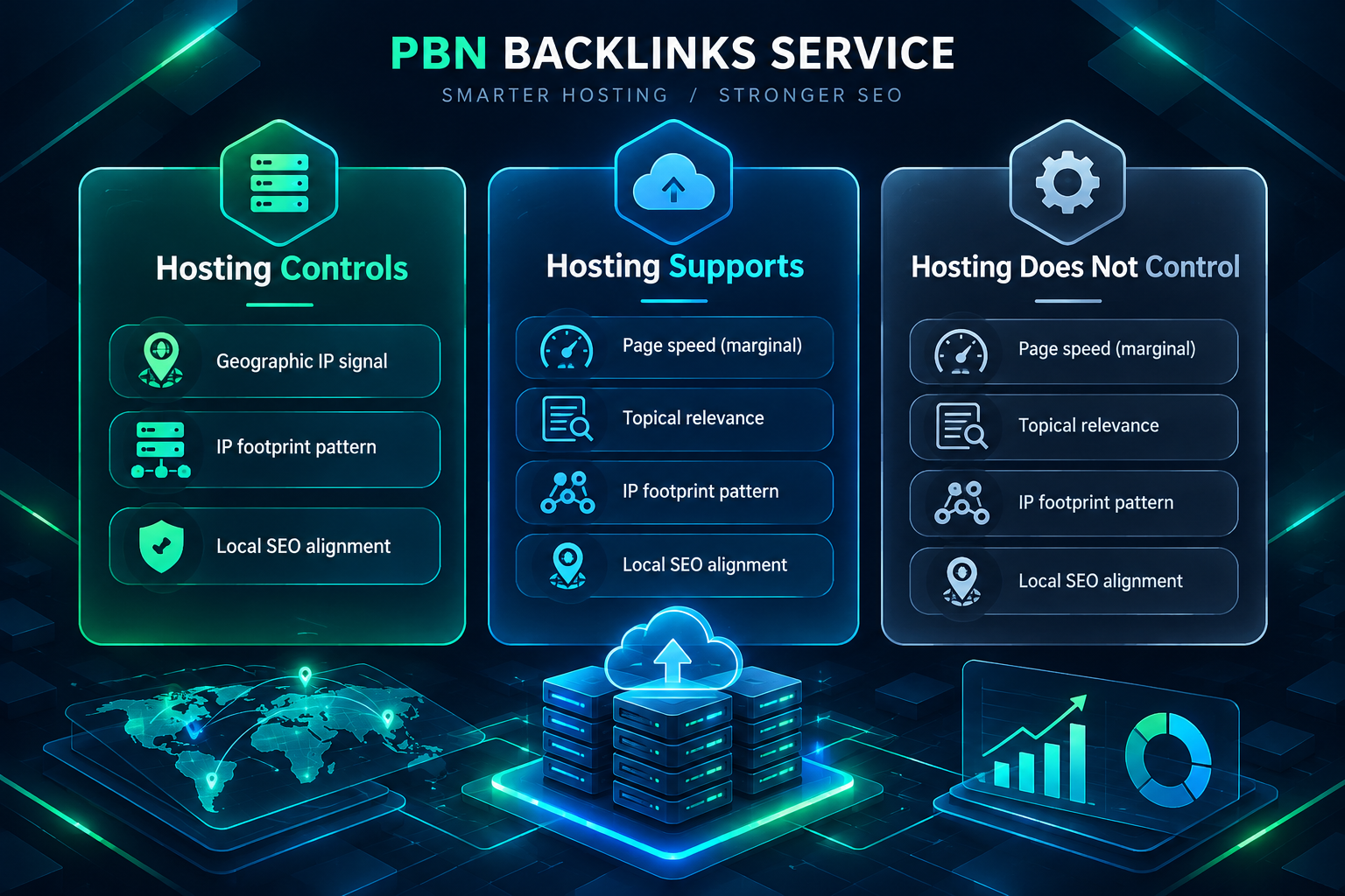 Infographic comparing what hosting location controls, supports, and does not control in PBN link