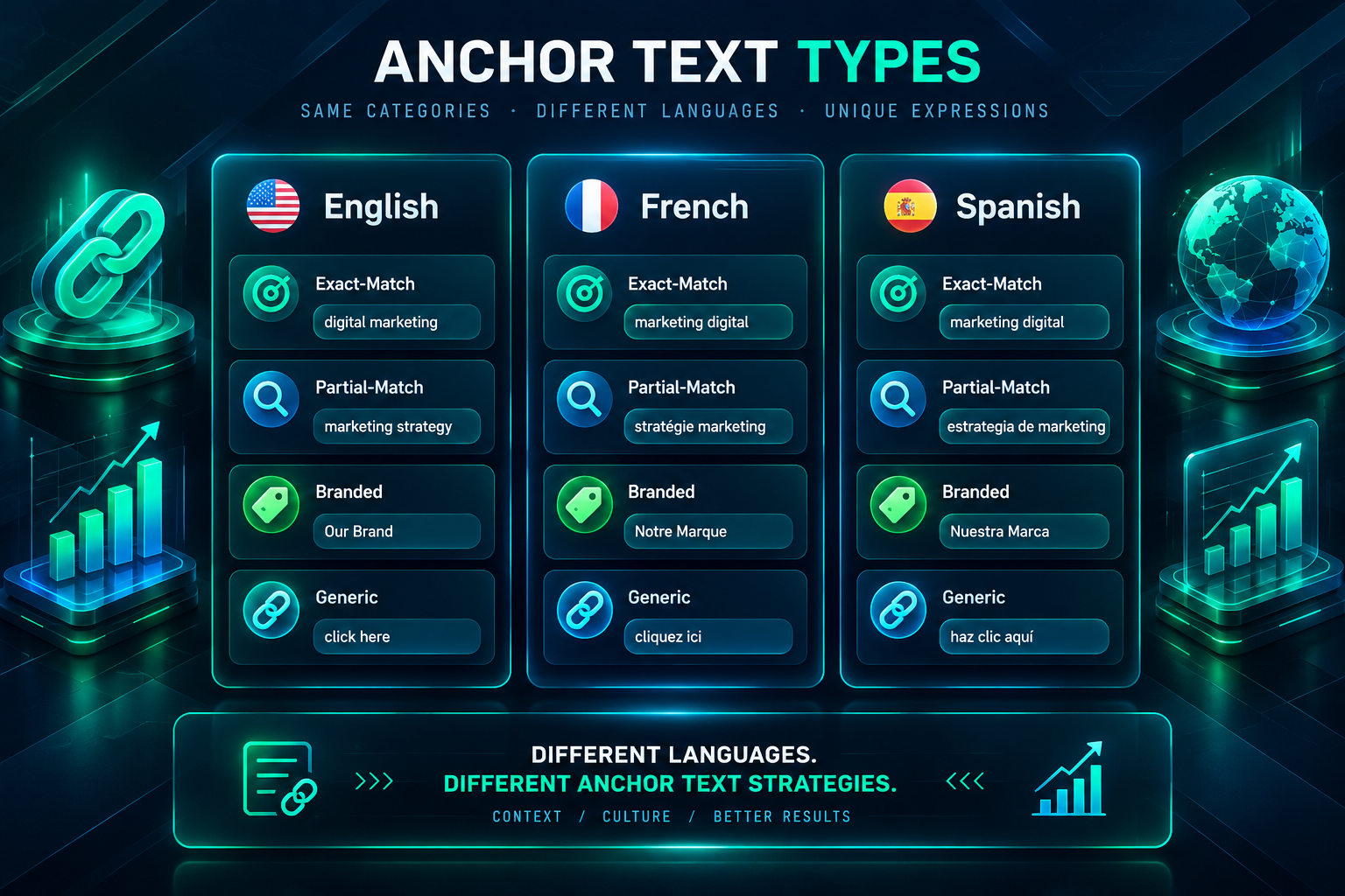 Infographic showing anchor text type distribution across English, French, and Spanish language