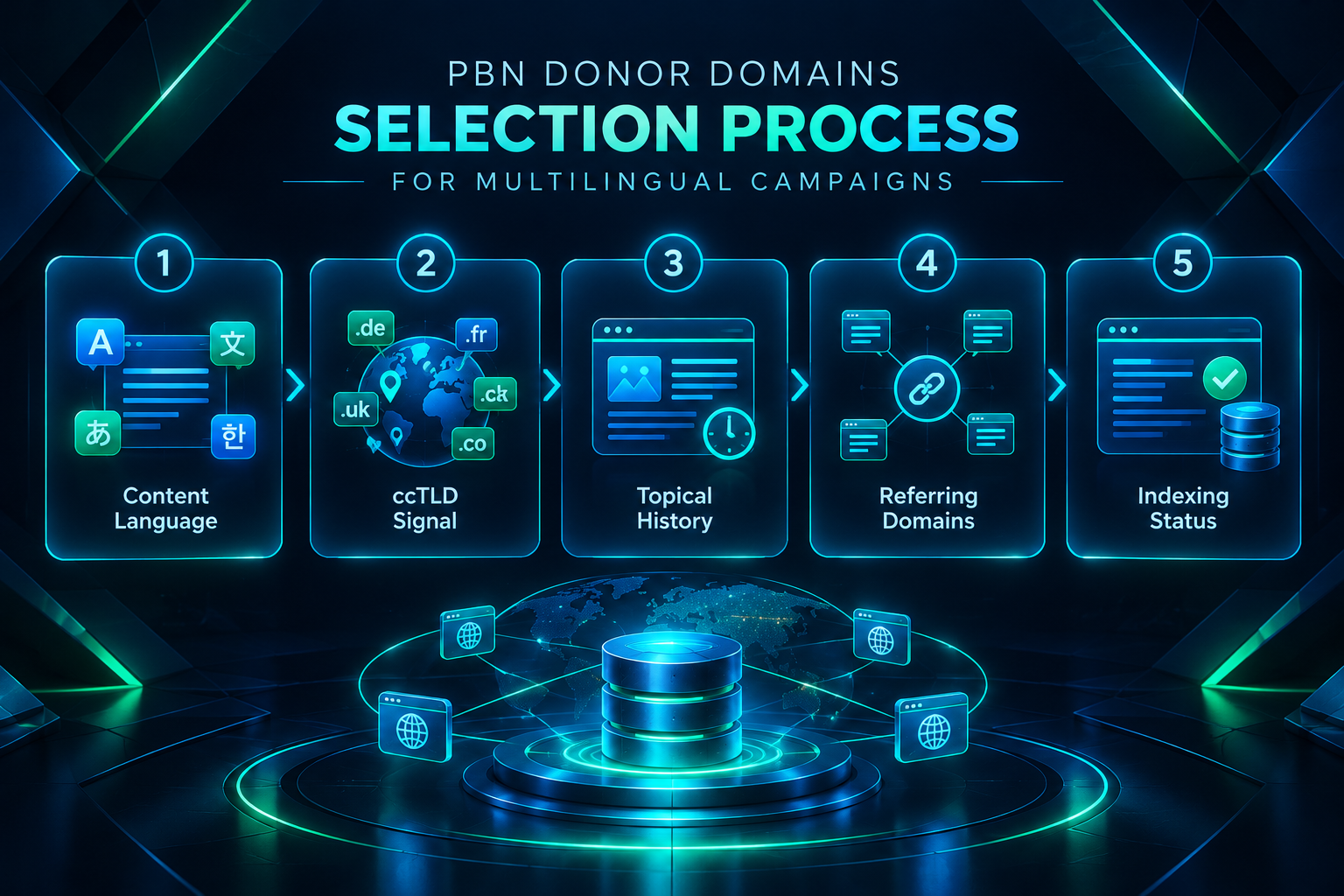 Process diagram for selecting PBN donor domains for multilingual SEO campaigns