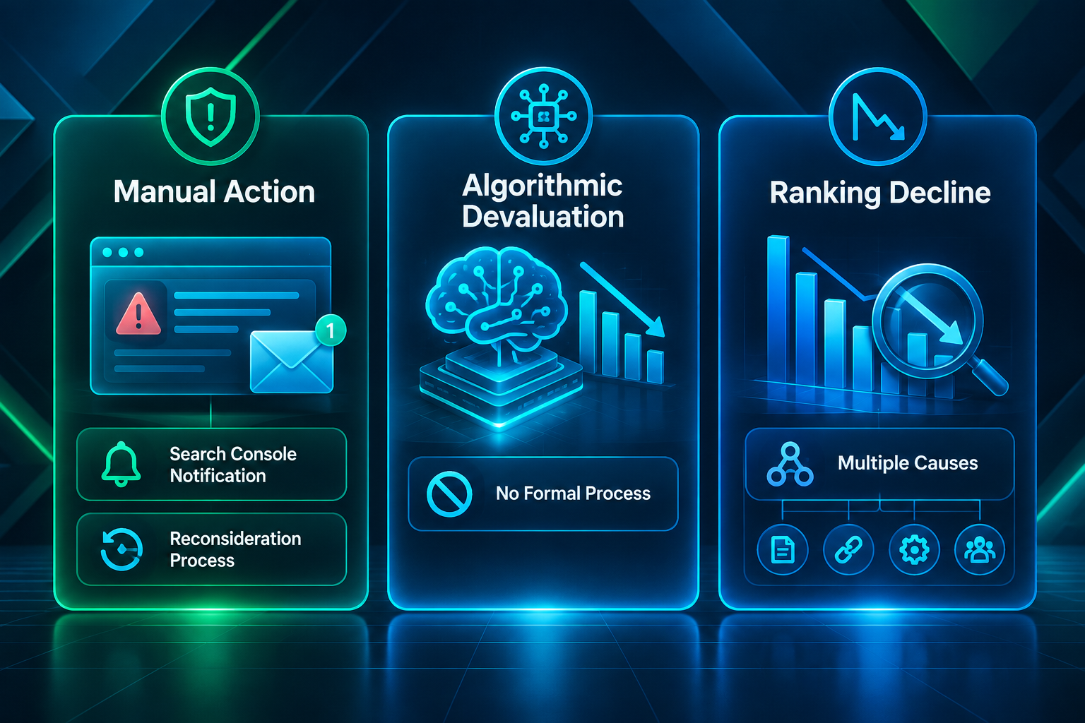 Comparison of manual action, algorithmic devaluation, and ranking decline enforcement types