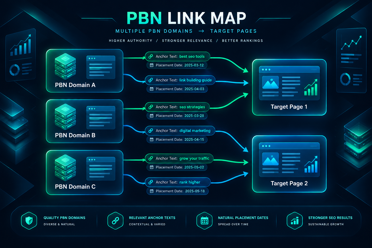 PBN link map diagram connecting network domains to target pages with anchor text labels