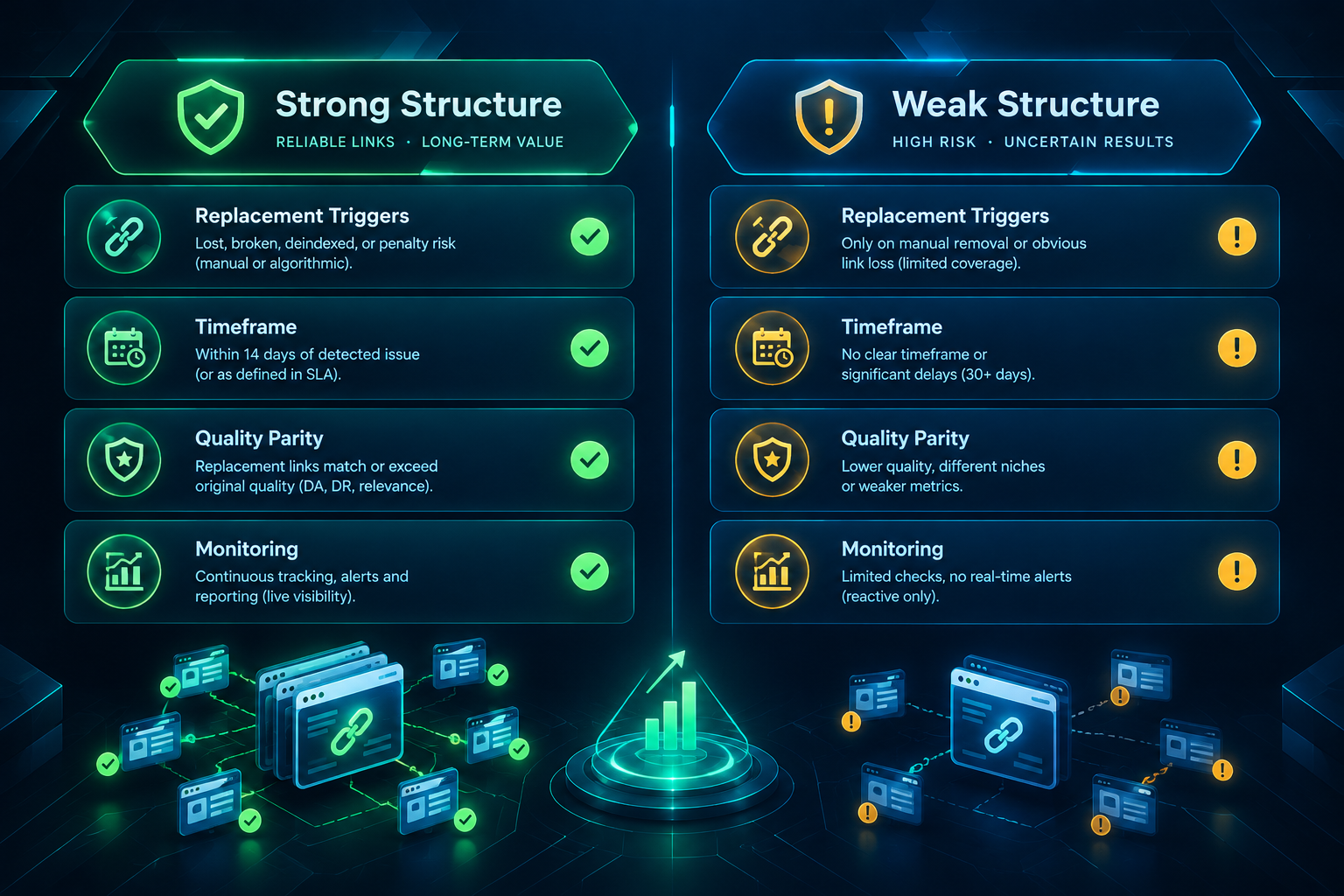 Side-by-side comparison of strong and weak PBN link replacement guarantee structures