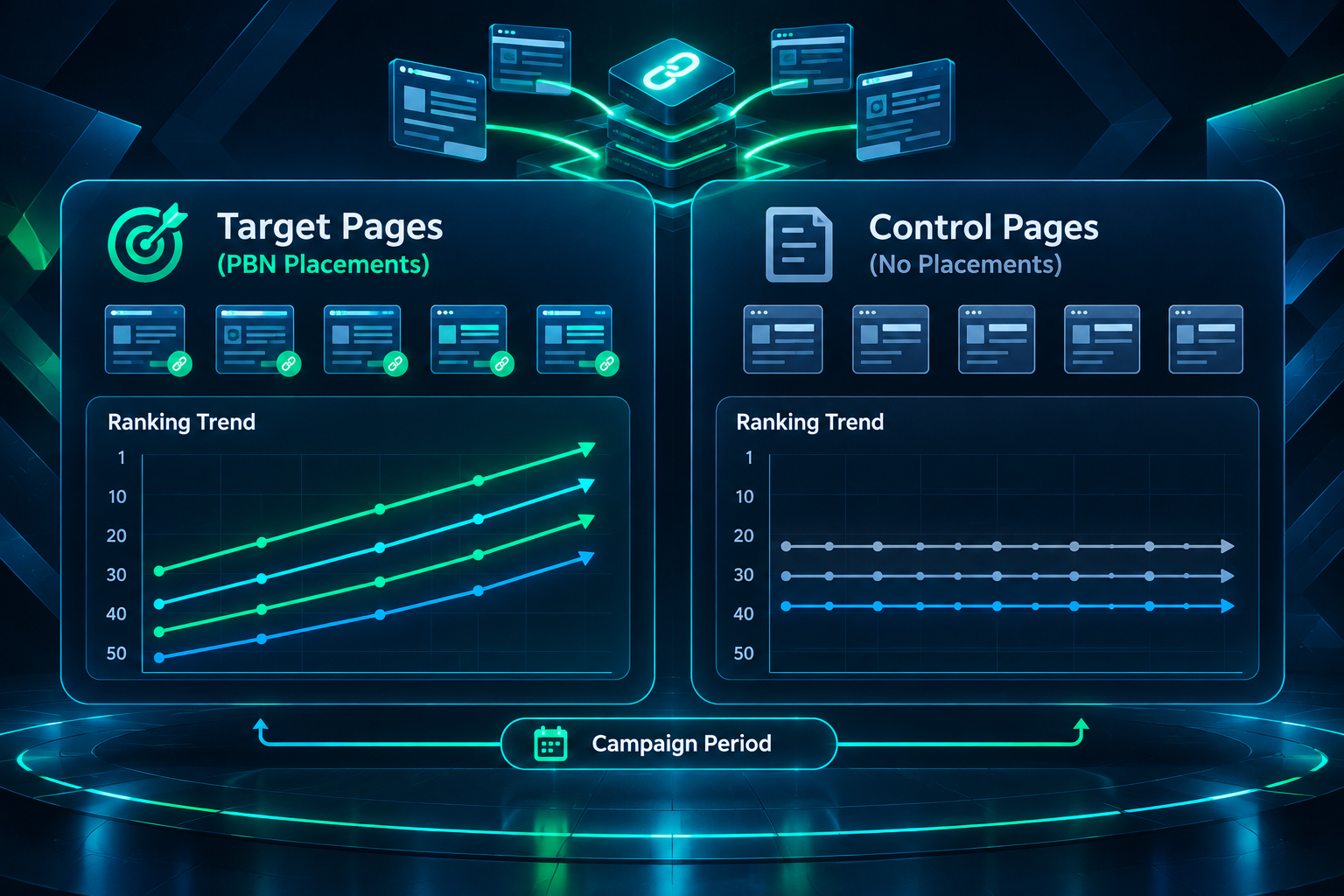 Comparison of ranking trends between PBN target pages and control pages during a campaign period