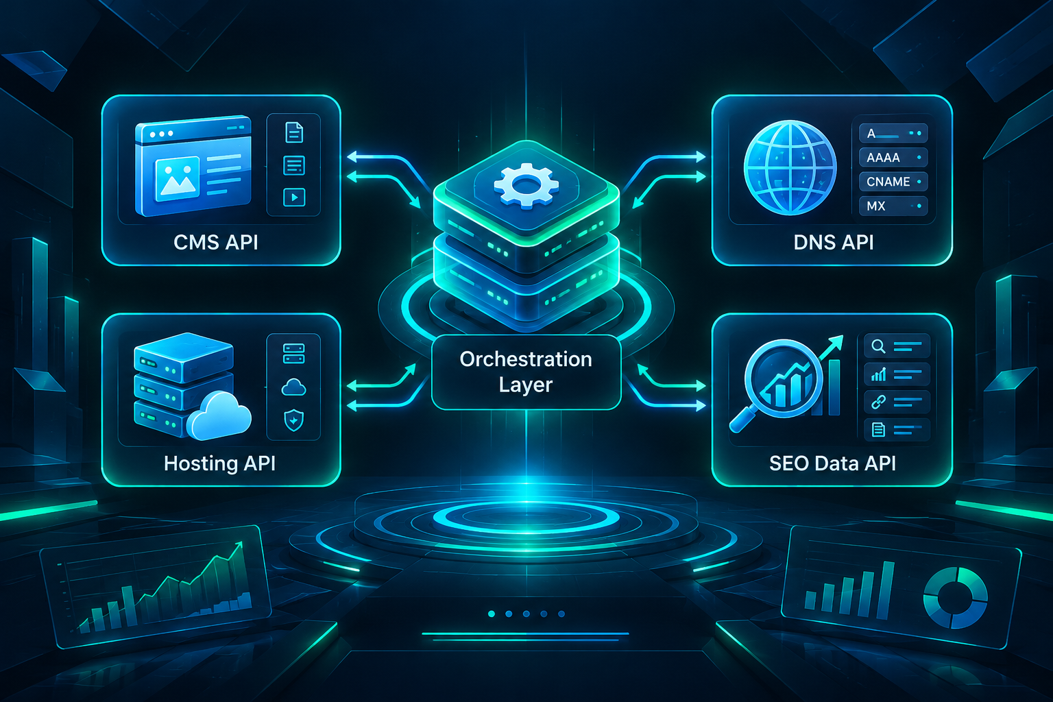 Process diagram of a central orchestration layer connecting CMS, DNS, hosting, and SEO data APIs