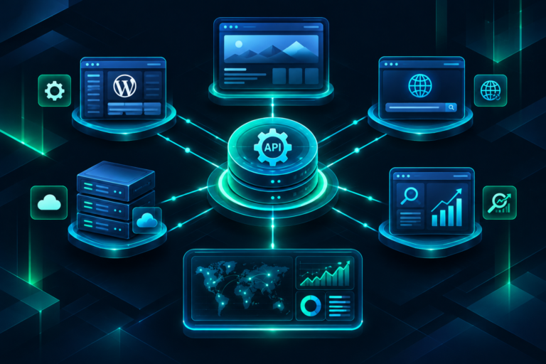 API hub connecting PBN site nodes in a centralized network management diagram