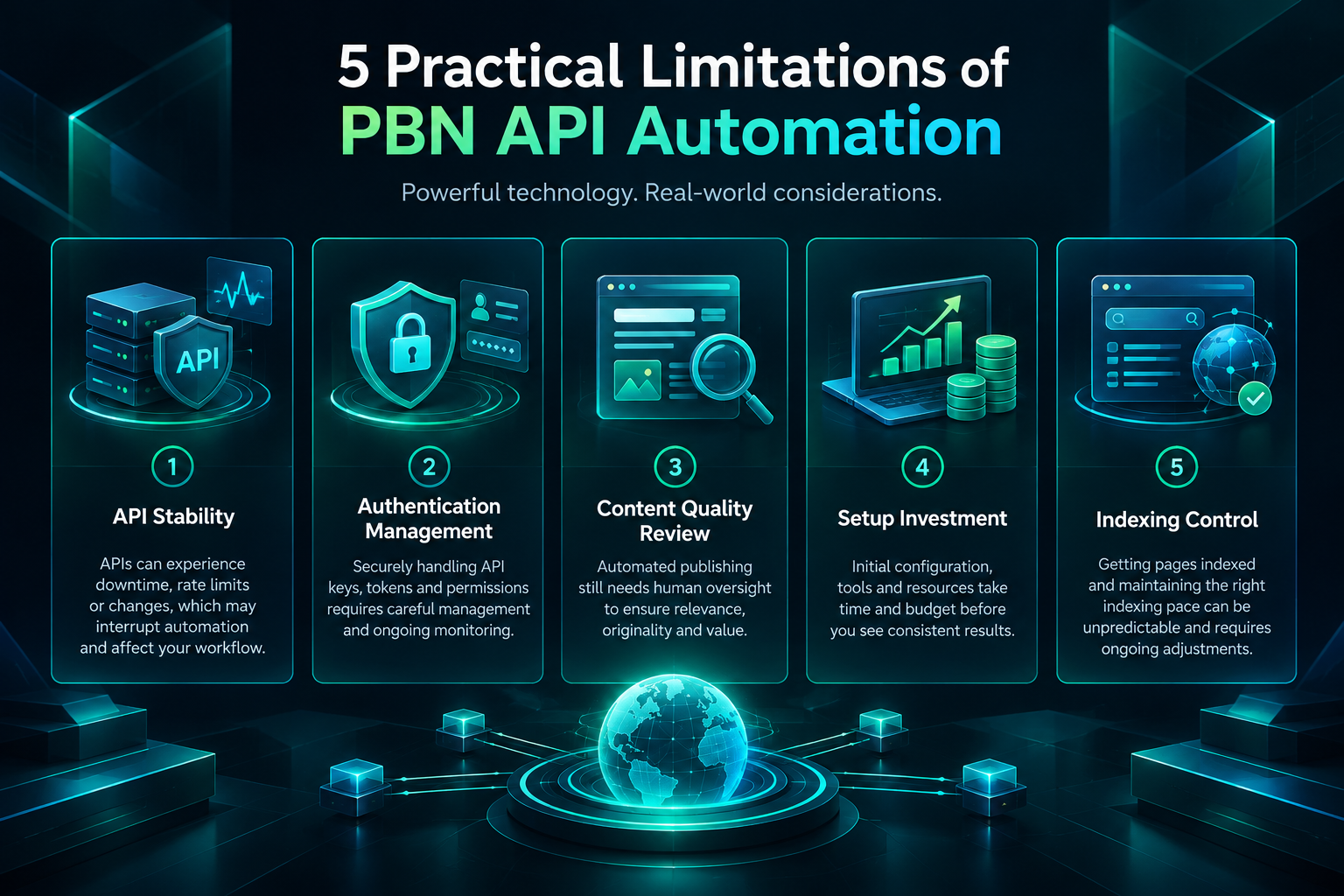 Infographic summarising five practical limitations of API automation for PBN management