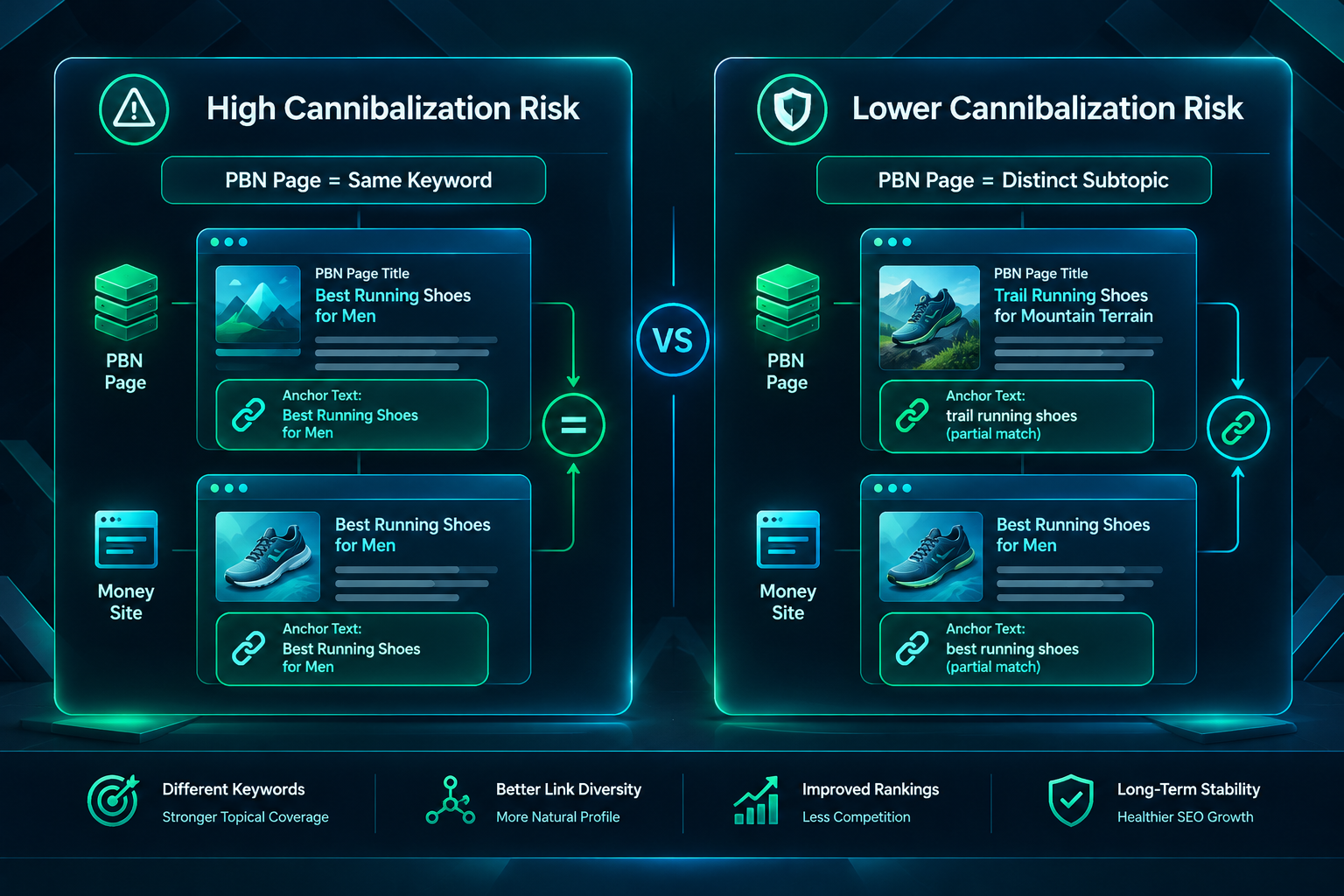Comparison of high versus lower cannibalization risk anchor text and PBN content strategies