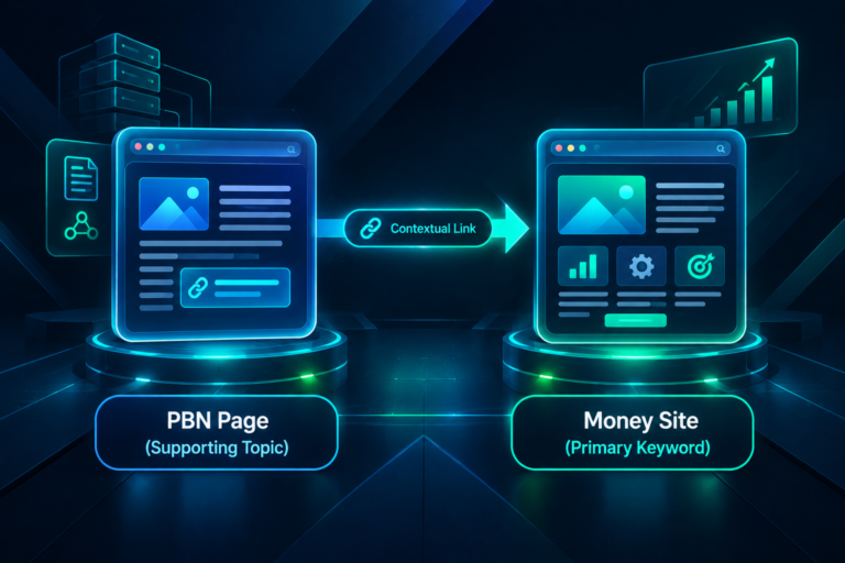 Diagram showing a PBN page linking to a money site on a distinct but related topic