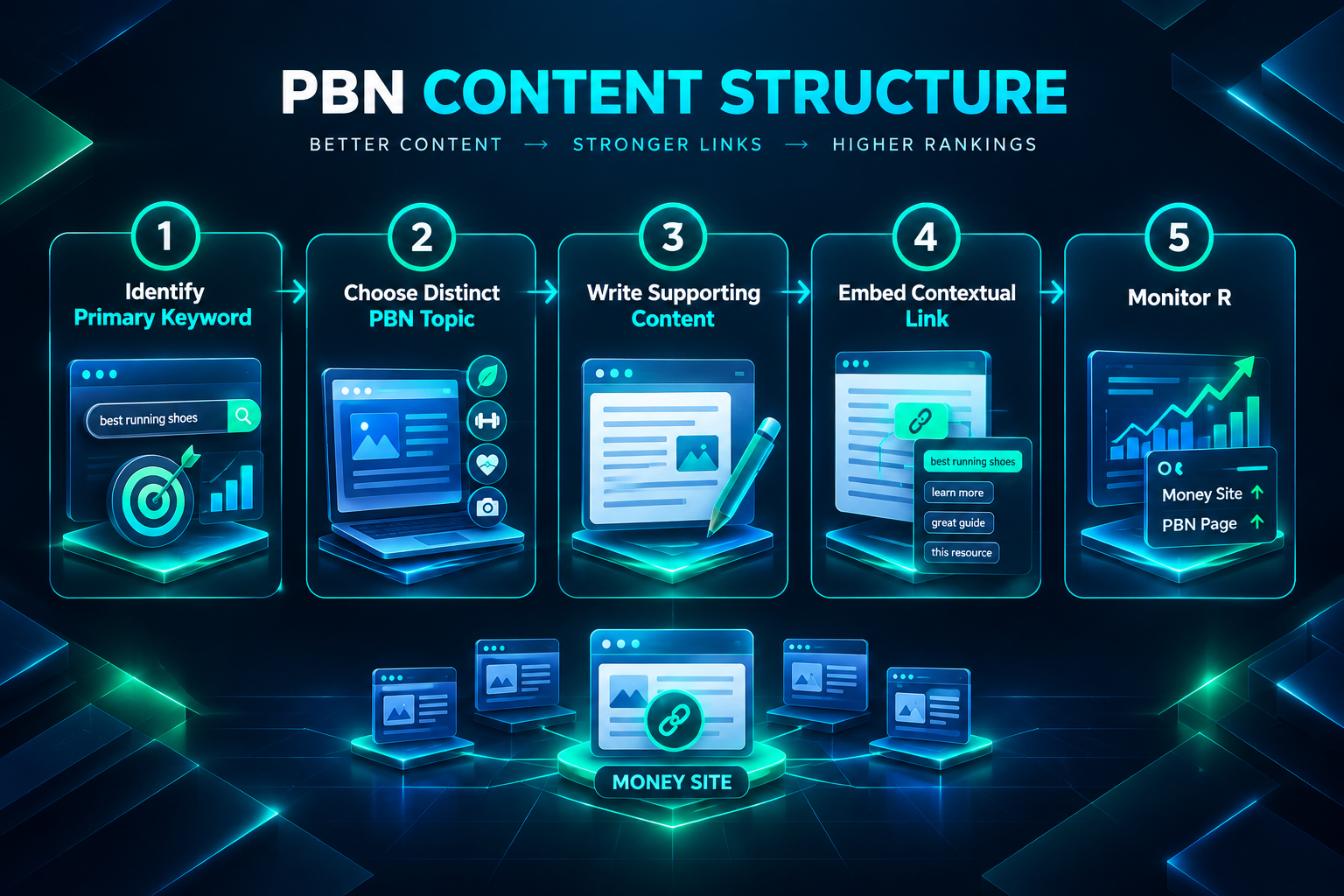 Process diagram for structuring PBN content to support a money site without keyword overlap
