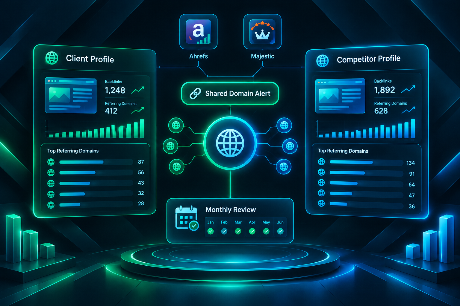 Backlink monitoring illustration comparing two competing sites' referring domains for PBN conflict