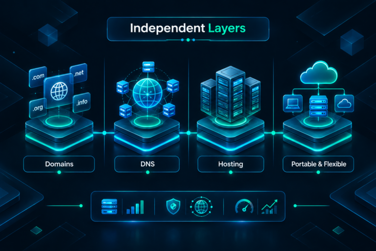 Diagram showing distributed PBN hosting infrastructure with independent domain, DNS, and server