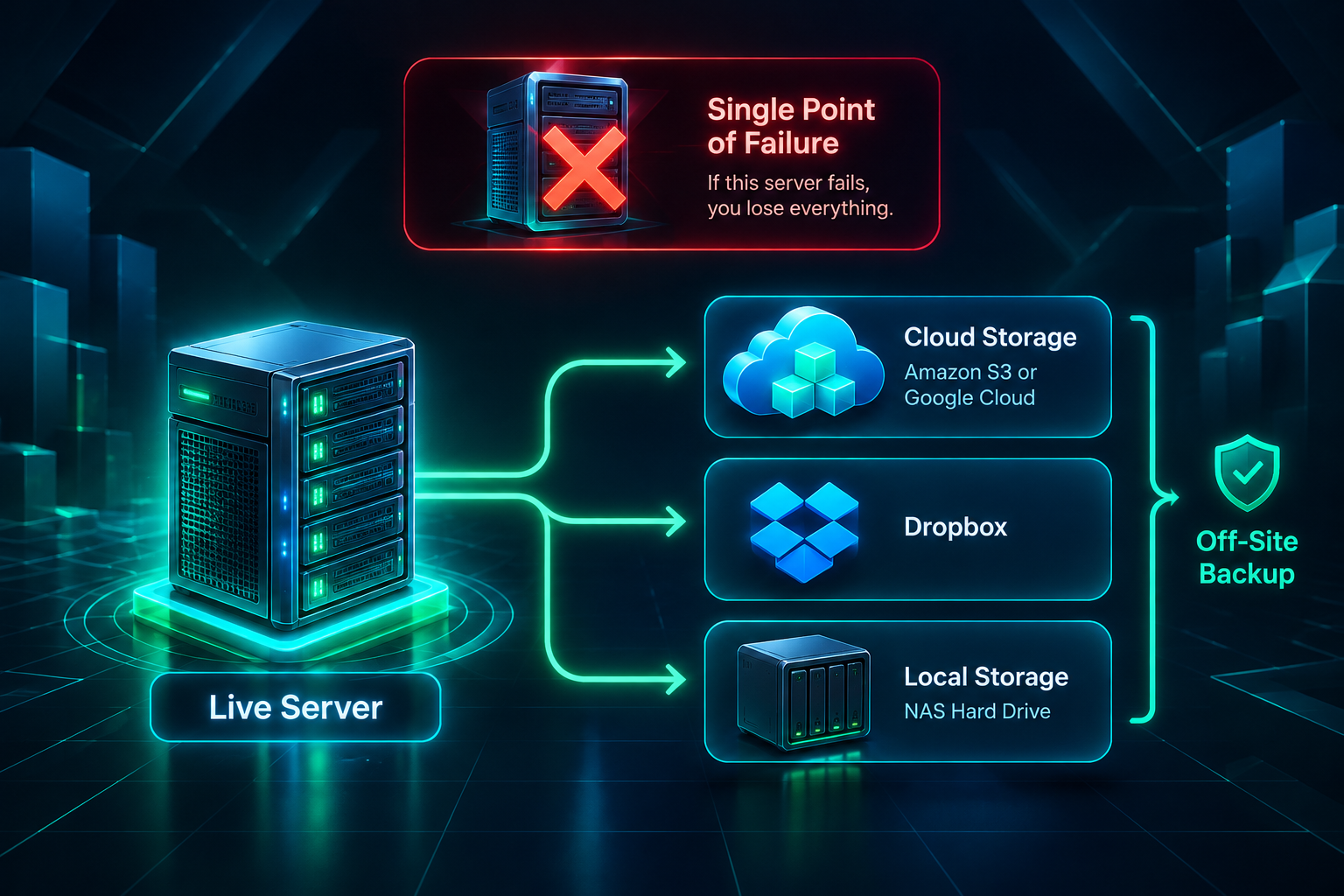 Diagram illustrating off-site backup storage options for PBN sites including cloud and local