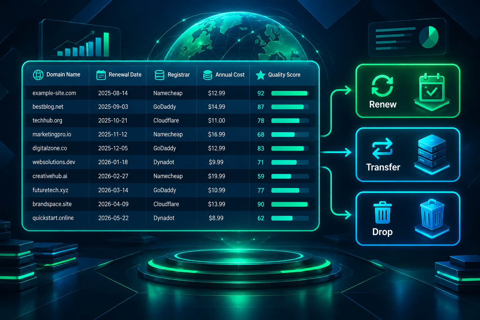 PBN domain renewal calendar spreadsheet with quality scoring and decision outcomes
