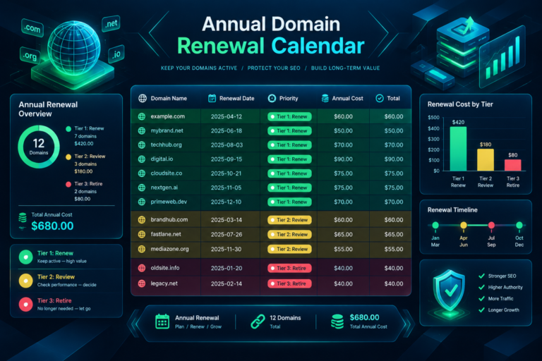 Annual PBN domain renewal budget calendar with priority tiers and cost planning