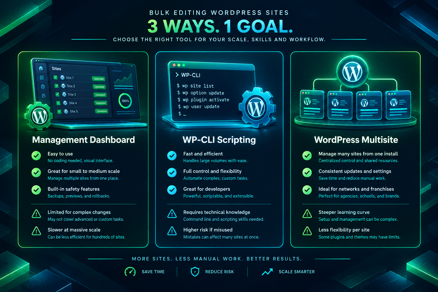 Diagram comparing three bulk editing methods for WordPress: management dashboards, WP-CLI