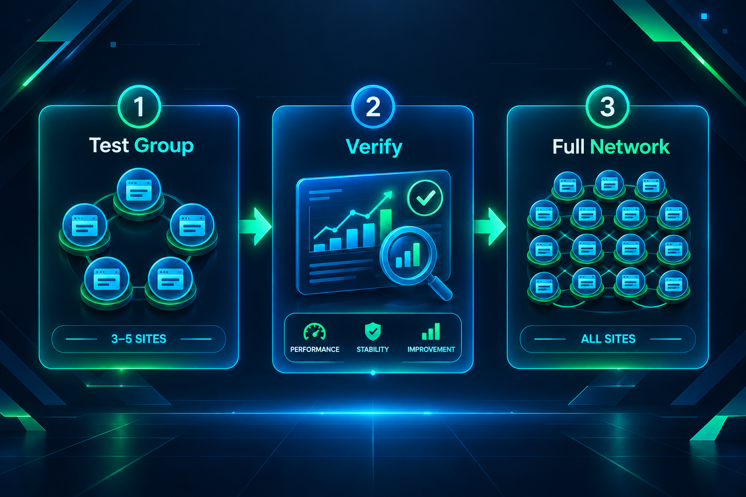 Staged rollout process for bulk PBN edits: test group verification before full network push