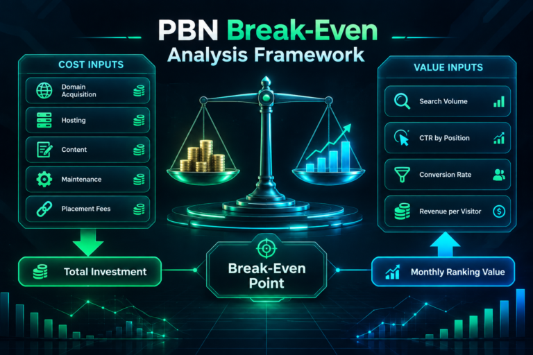 PBN break-even analysis framework showing cost inputs versus ranking value inputs on a balance scale
