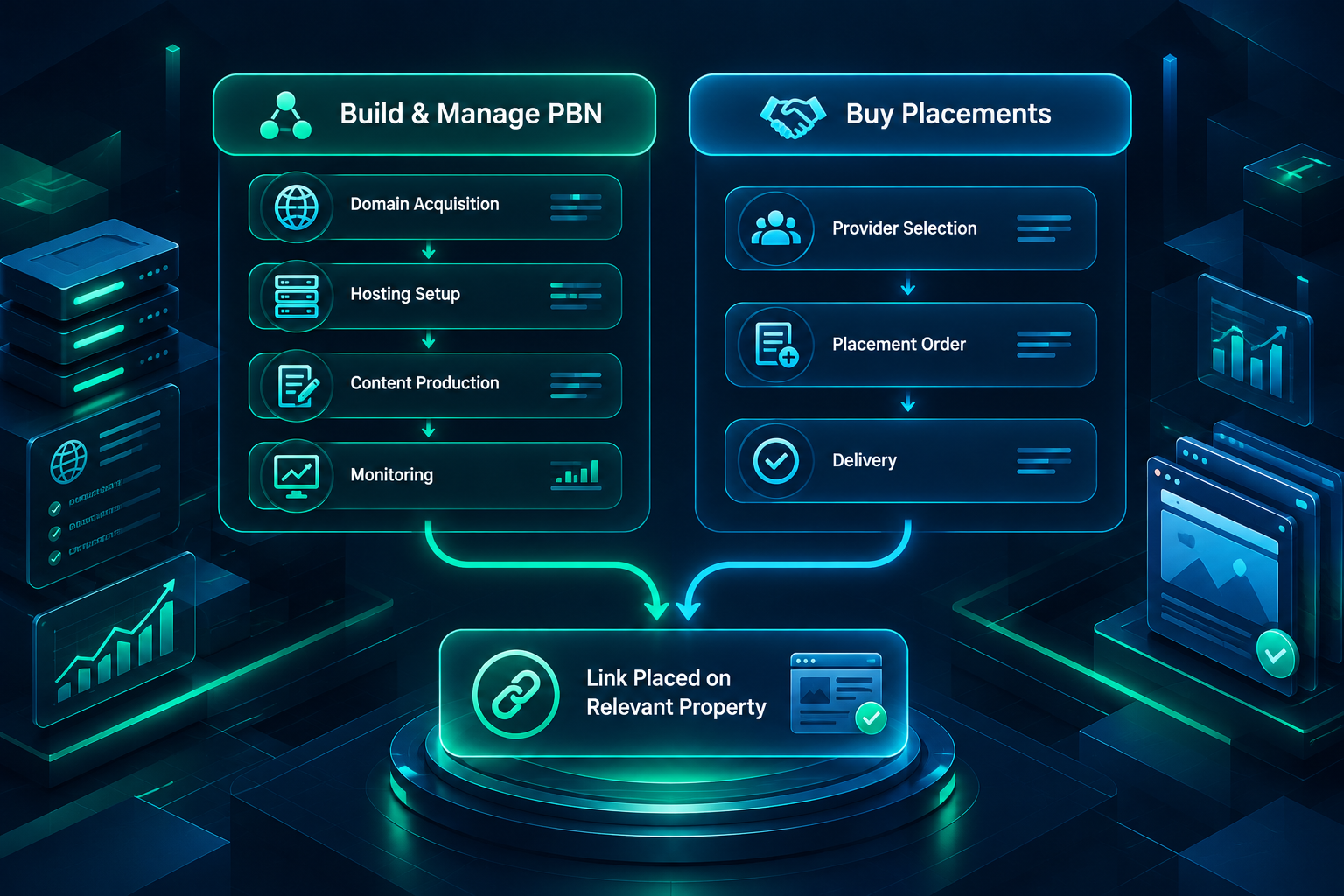 Decision diagram comparing self-managed PBN maintenance path versus buying link placements from a