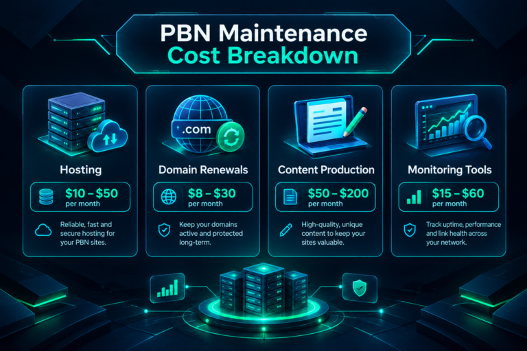 Infographic showing the four main recurring cost categories for maintaining a private blog network