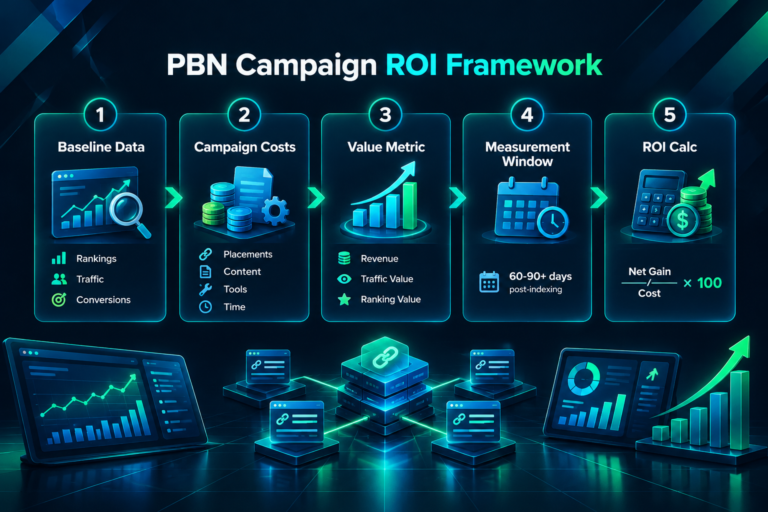 Five-stage infographic showing how to calculate ROI for a PBN link-building campaign