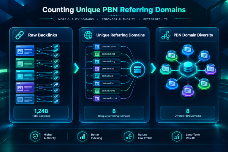 Infographic explaining how to count unique PBN referring domains versus raw backlinks