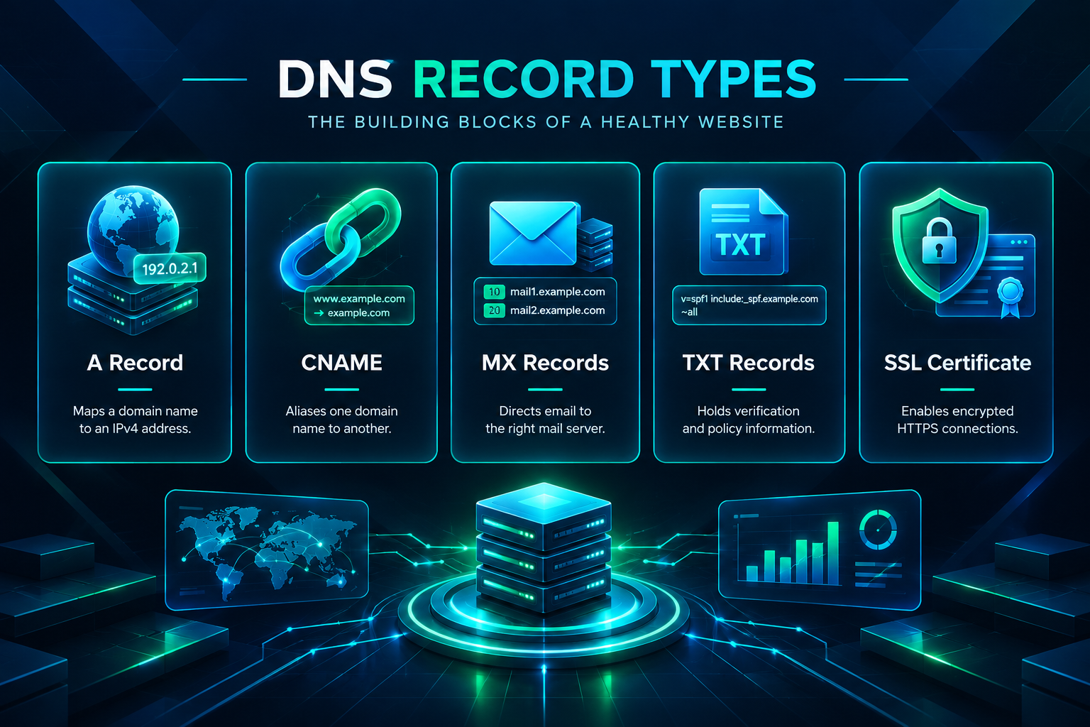 Infographic of five DNS record types to verify after a nameserver change for a PBN site