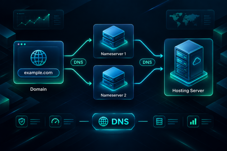 Diagram showing how a domain connects to nameservers and then to a hosting server for PBN sites