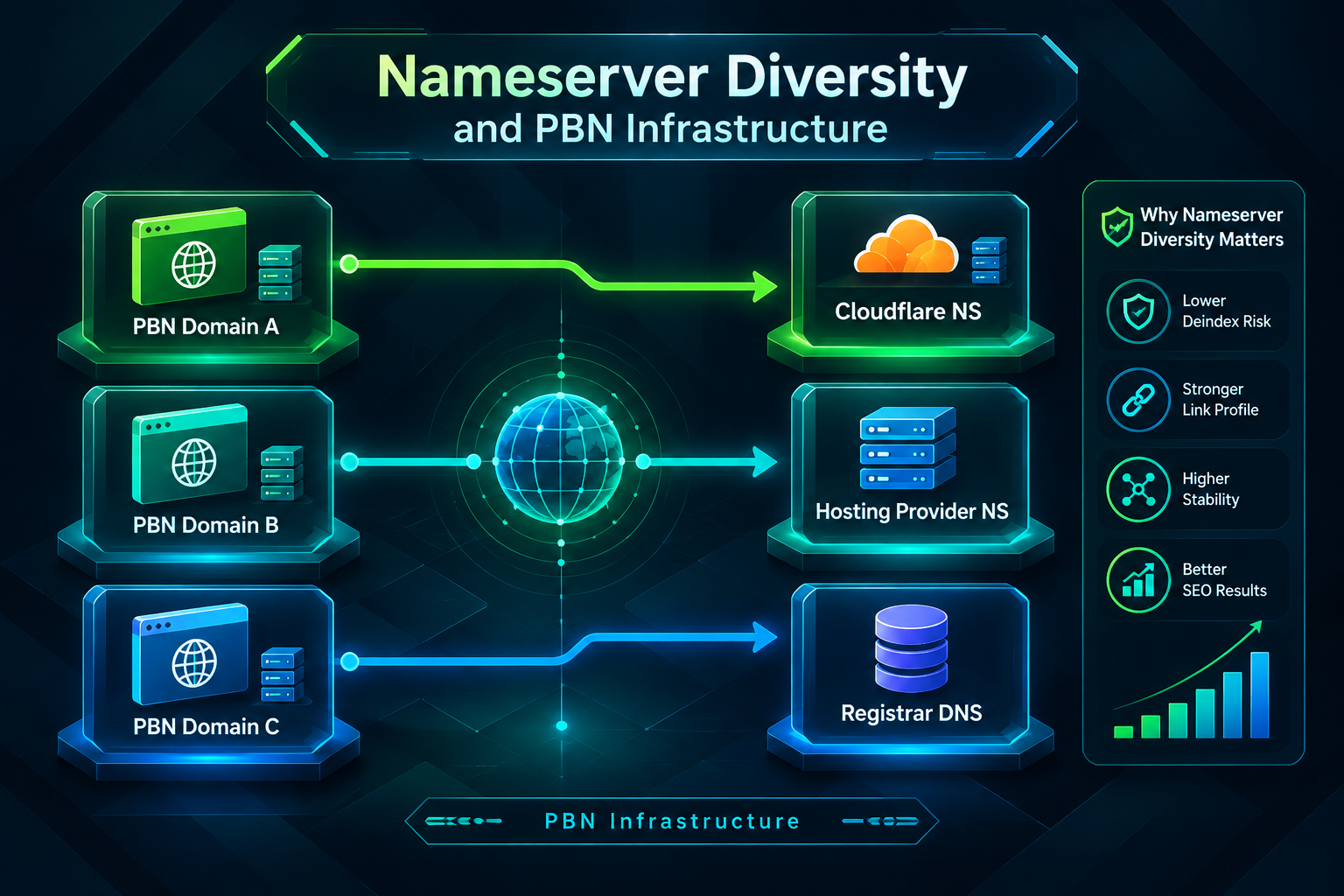 Diagram showing PBN domains distributed across different nameserver providers to reduce shared DNS