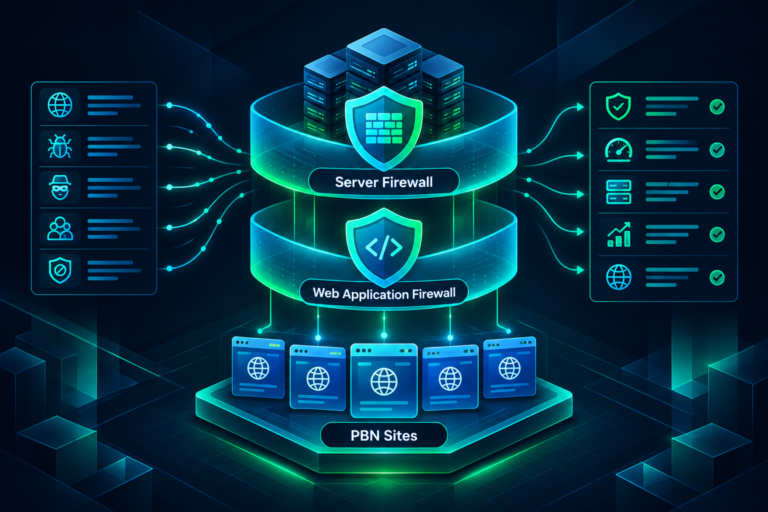 Layered firewall protection diagram for PBN website hosting infrastructure