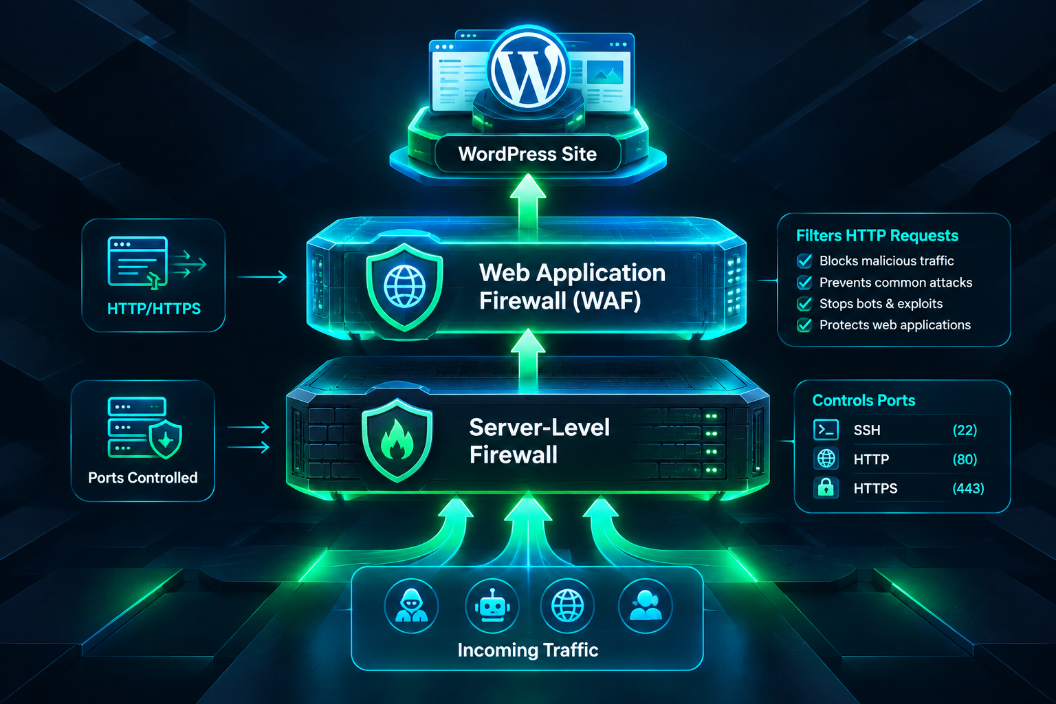 Diagram showing server-level firewall and WAF layers protecting a PBN WordPress site
