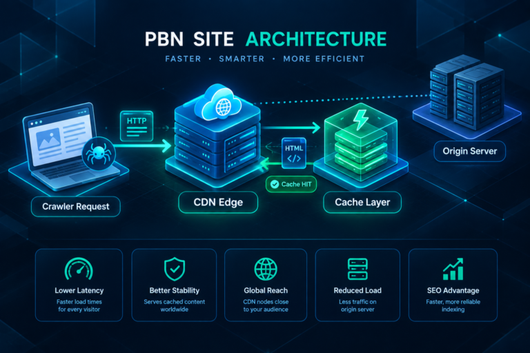 Caching architecture diagram for a PBN website showing CDN, cache layer, and origin server