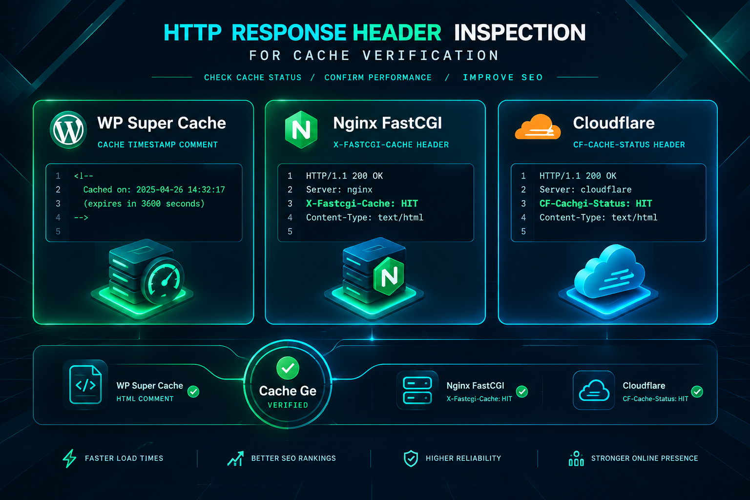 HTTP response headers showing cache HIT status for WP Super Cache, Nginx, and Cloudflare