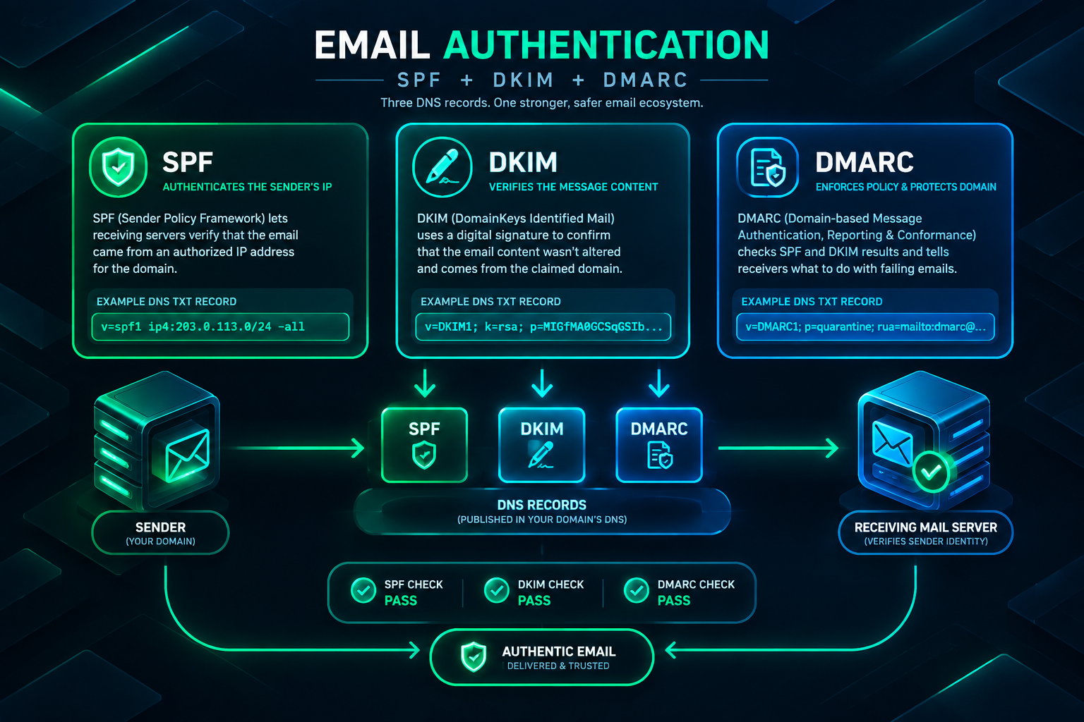 Diagram showing SPF, DKIM, and DMARC DNS records and how they authenticate outgoing email to